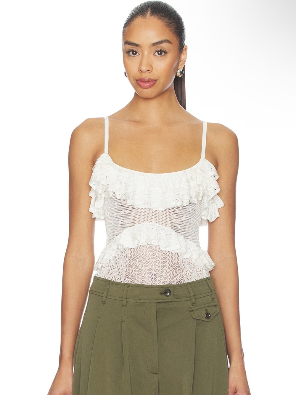 Ulla Johnson Bania Knit Bodysuit in Pearled Ivory Ruffle Pointelle Drop Needle - Picture 2 of 12